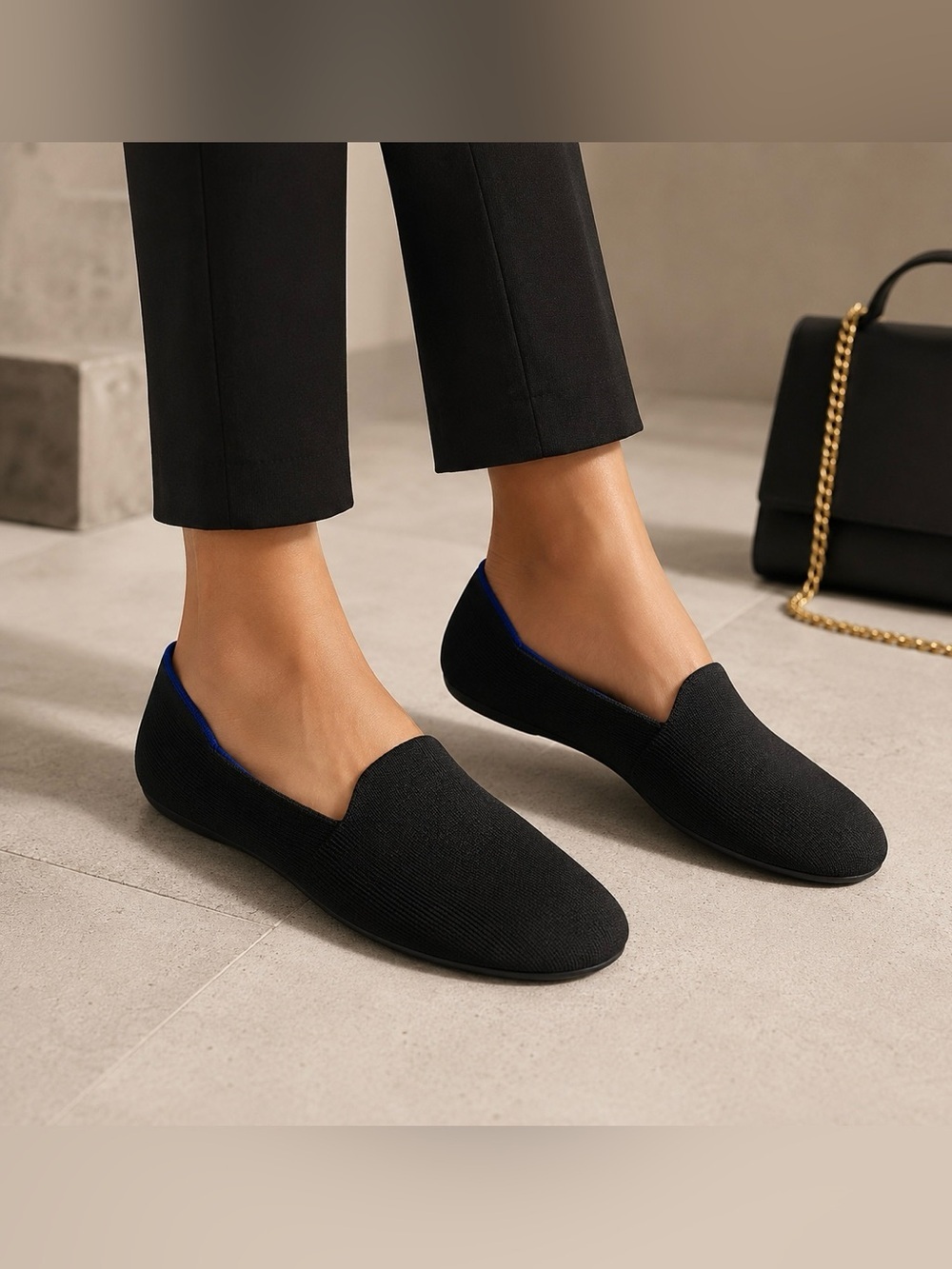 Rothy's Black Flats with Blue Trim